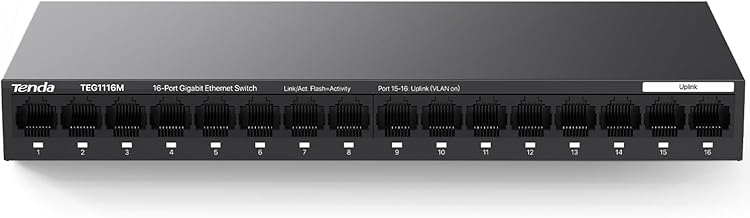 Tenda TEG1116M 16 Port Gigabit Switch, Unmanaged Ethernet Switch with Traffic Optimization, Plug & Play, Fanless & Metal Design Network Switch, Limited Lifetime Protection Tenda TEG1116M 16 Port Gigabit Switch, Unmanaged Ethernet Switch with Traffic Optimization, Plug & Play, Fanless & Metal Design Network Switch, Limited Lifetime Protection