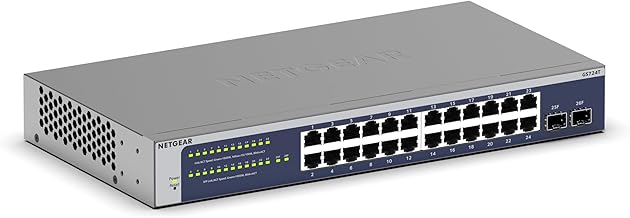 NETGEAR 24-Port Gigabit Ethernet Smart Switch (GS724T) - Managed, Optional 1 Year Insight Cloud Management, with 2 x 1G SFP, Desktop or Rackmount, and Limited Lifetime Protection NETGEAR 24-Port Gigabit Ethernet Smart Switch (GS724T) - Managed, Optional 1 Year Insight Cloud Management, with 2 x 1G SFP, Desktop or Rackmount, and Limited Lifetime Protection