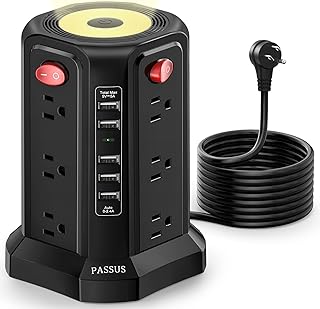 Surge Protector Power Strip Tower with 5 USB Ports and Night Light,10FT Extension Cord with 12 AC Multiple Outlets, PASSUS Power Tower Overload Protection for Home Office Dorm Room Essentials(Black) Surge Protector Power Strip Tower with 5 USB Ports and Night Light,10FT Extension Cord with 12 AC Multiple Outlets, PASSUS Power Tower Overload Protection for Home Office Dorm Room Essentials(Black)