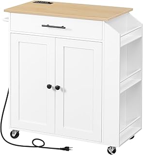 HOOBRO Kitchen Island with Power Outlet, Kitchen Storage Island with Spice Rack and Drawer, Rolling Kitchen on Wheels, for Home, Dining Room, Natural and White HOOBRO Kitchen Island with Power Outlet, Kitchen Storage Island with Spice Rack and Drawer, Rolling Kitchen on Wheels, for Home, Dining Room, Natural and White