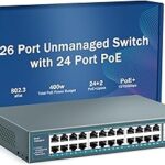 Yuanley 24 Port PoE Switch with 2 Gigabit Ethernet Uplink Port, Unmanaged 26 Port 802.3af/at 400W Power PoE+ Network Switch, Rackmount Plug and Play