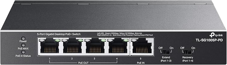 TP-Link TL-SG1005P-PD | 5 Port Passthrough Gigabit Ethernet Switch | 1 PoE++ in@90W, 4 PoE+ Output up to 66W | Plug & Play | Extend Mode | QoS, IGMP, Auto Recovery | PoEPowered ONLY, Free Expert Help TP-Link TL-SG1005P-PD | 5 Port Passthrough Gigabit Ethernet Switch | 1 PoE++ in@90W, 4 PoE+ Output up to 66W | Plug & Play | Extend Mode | QoS, IGMP, Auto Recovery | PoEPowered ONLY, Free Expert Help