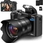 8K Digital Camera, 88MP Cameras for Photography with WiFi & Touch Screen, 16X Zoom Vlogging Camera for YouTube Video, Autofocus & Anti-Shake, Dual Camera, 2 Batteries, 64GB Card, Flash, Lens Hood