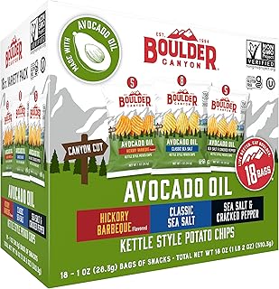 Boulder Canyon Avocado Oil Kettle Style Potato Chips Variety Pack, 18 Count - Gluten-Free, Non-GMO, Hickory Barbecue, Classic Sea Salt, Sea Salt & Cracked Pepper (1 oz Bags) Boulder Canyon Avocado Oil Kettle Style Potato Chips Variety Pack, 18 Count - Gluten-Free, Non-GMO, Hickory Barbecue, Classic Sea Salt, Sea Salt & Cracked Pepper (1 oz Bags)