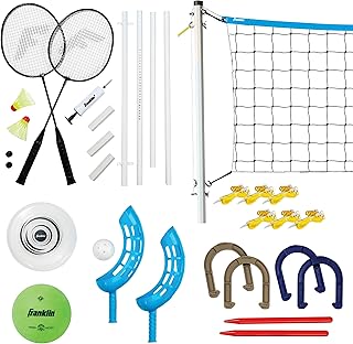 Franklin Sports Fun 5 Combo Outdoor Game Set - Backyard, Beach + Camping Games for Kids - Badminton, Volleyball, Flip Toss, Flying Disc - Horseshoes or Ring Toss Franklin Sports Fun 5 Combo Outdoor Game Set - Backyard, Beach + Camping Games for Kids - Badminton, Volleyball, Flip Toss, Flying Disc - Horseshoes or Ring Toss