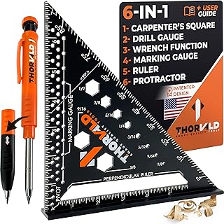 THORVALD 6-in-1 Carpenter Square 7 inch (1/16" Precision) T Square Multi-Purpose Carpenter Tools : Wrench, Square, Protractor, Ruler, Marking Gauge, Drill Gauge, Includes 2-in-1 Carpentry Pencil THORVALD 6-in-1 Carpenter Square 7 inch (1/16