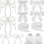 Draupnir 8 Pcs Pearls Lace Bow Shoe Charms For Sneakers Decorations Bowknot Buckle Pearl Beaded Chain Coquette Aesthetic DIY Shoe Lace Sneakers Accessories For Women Jewelry Keychain Bag Car Charms