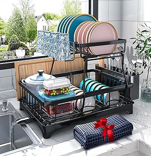 Godboat Dish Drying Rack, 2-Tier Dish Rack with Auto-Drain & Mat, Dish Racks for Kitchen Counter, Dish Drainer with Knife, Fork & Cup Rack, Gifts for Women, Mothers Day, Cool Stuff & Kitchen Gadgets Godboat Dish Drying Rack, 2-Tier Dish Rack with Auto-Drain & Mat, Dish Racks for Kitchen Counter, Dish Drainer with Knife, Fork & Cup Rack, Gifts for Women, Mothers Day, Cool Stuff & Kitchen Gadgets