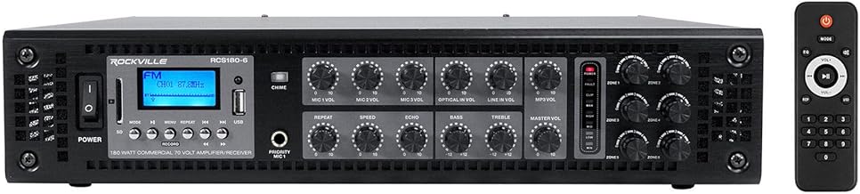 Rockville RCS180-6 180W 6-Zone 70v Commercial Amplifier, Bluetooth, USB/SD/RCA, Mic, Optical Inputs, FM, for Restaurants/Offices Rockville RCS180-6 180W 6-Zone 70v Commercial Amplifier, Bluetooth, USB/SD/RCA, Mic, Optical Inputs, FM, for Restaurants/Offices